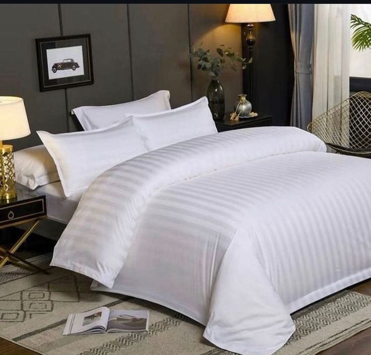 Striped White Polycotton Duvet Cover Set | 6-Piece Hotel Bedding